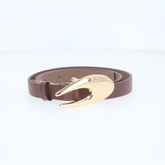 Cinto de Couro com Fivela Curva Metalizada Marrom