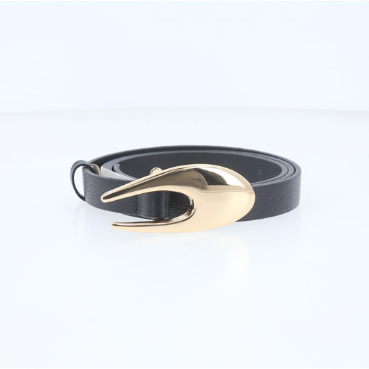 Cinto de Couro com Fivela Curva Metalizada Preto