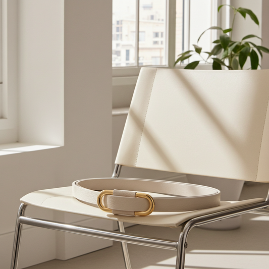 Cinto de Couro com Fivela Oval Metalizada Marfim