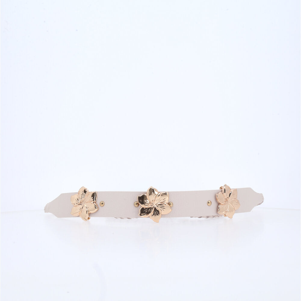 Cinto Feminino de Couro com Flores Marfim