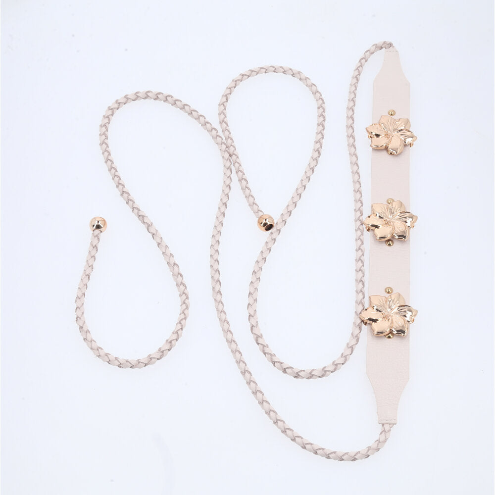 Cinto Feminino de Couro com Flores Marfim