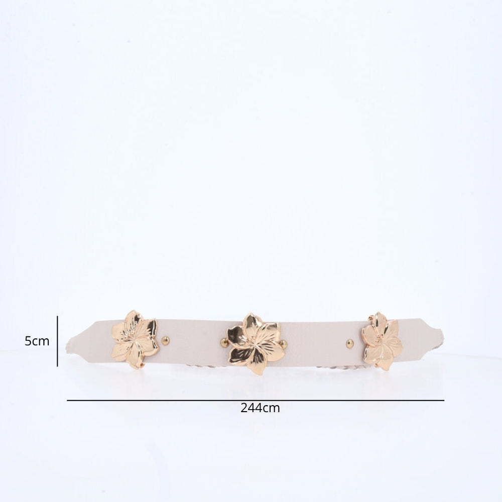Cinto Feminino de Couro com Flores Marfim