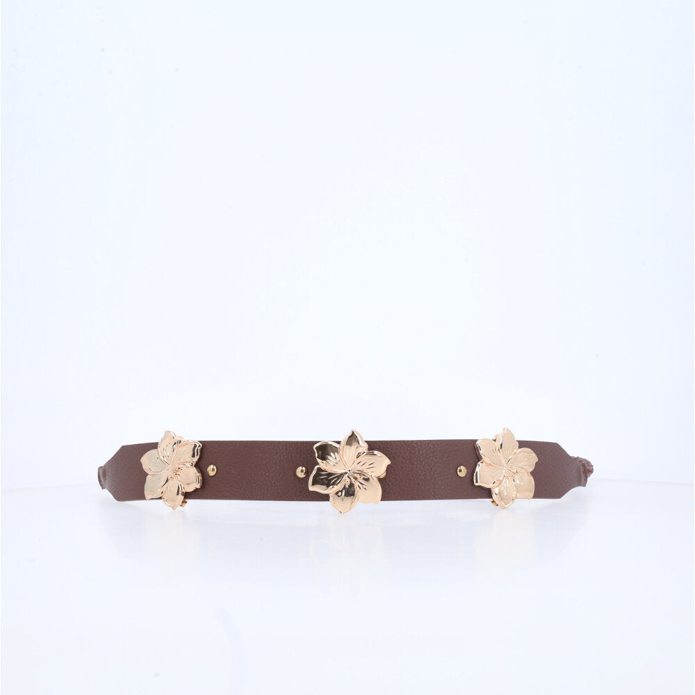 Cinto Feminino de Couro com Flores Marrom