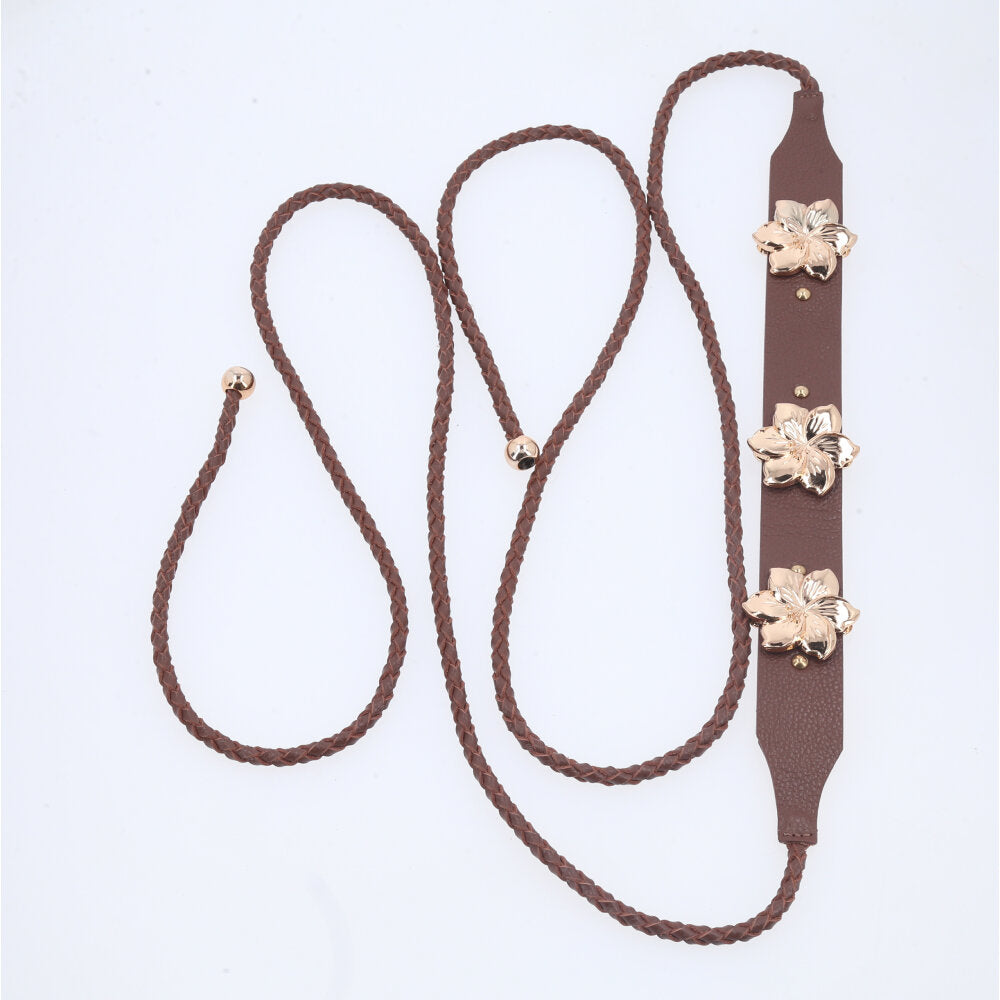 Cinto Feminino de Couro com Flores Marrom
