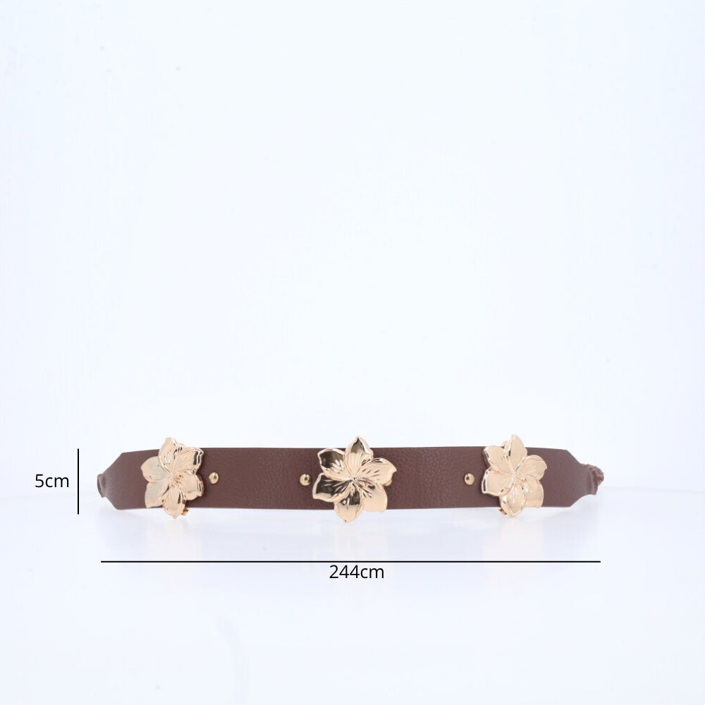 Cinto Feminino de Couro com Flores Marrom