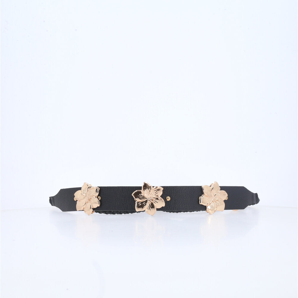 Cinto Feminino de Couro com Flores Preto