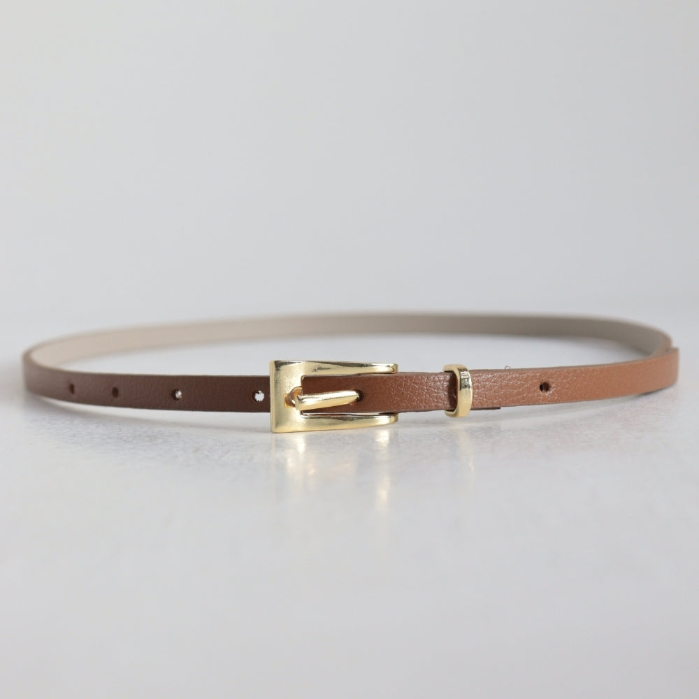 Cinto Feminino de Couro com Fivela Metalizada Dourada Caramelo