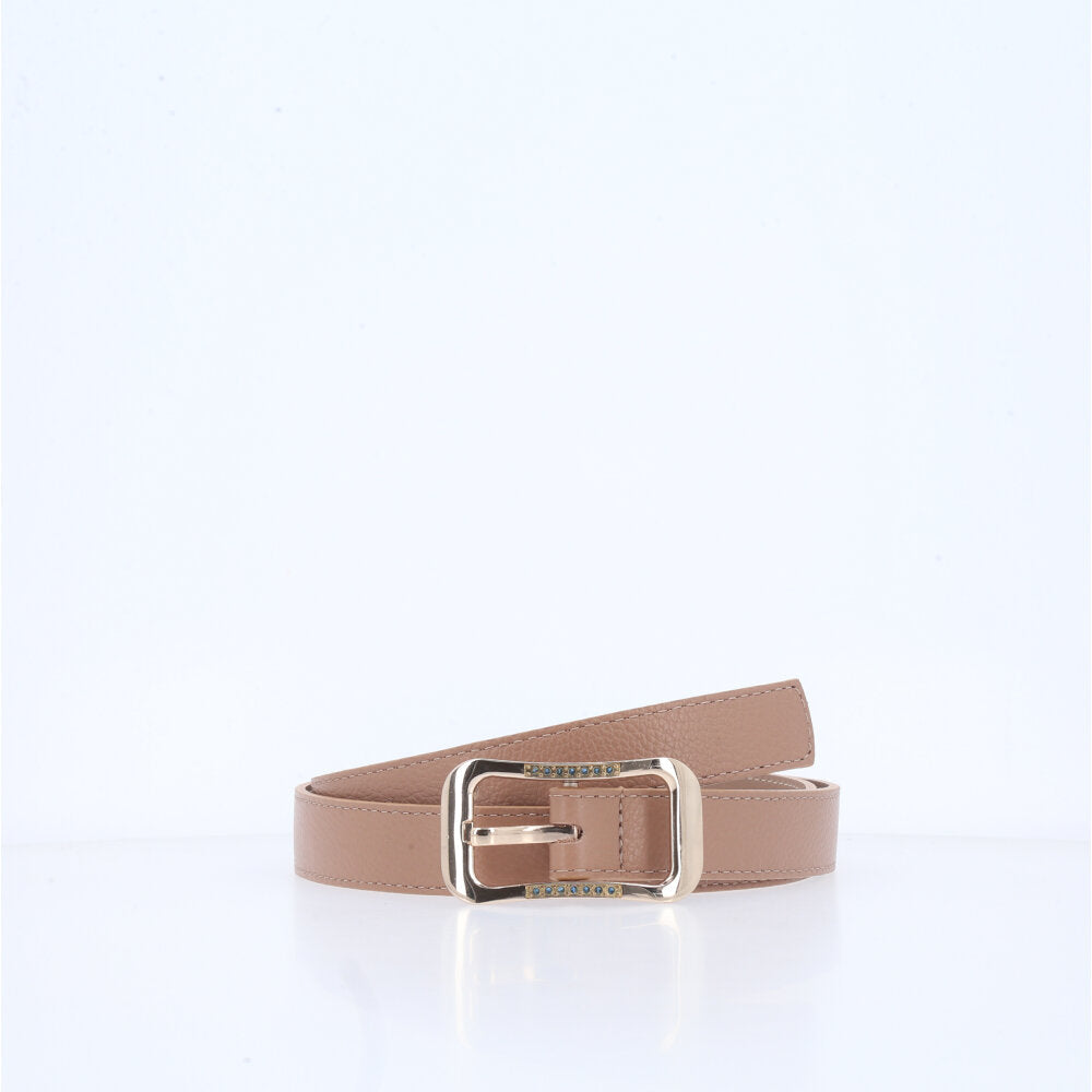 Cinto Feminino em Couro Fivela Dourada Bege