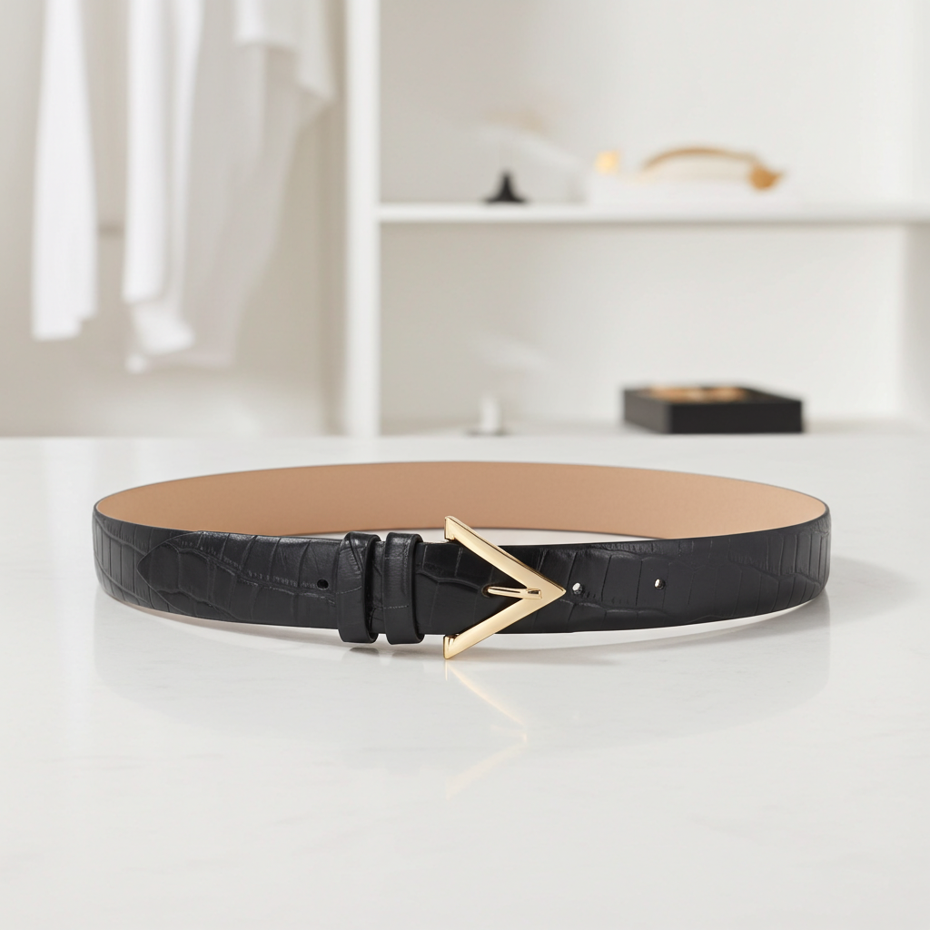 Cinto em Couro Croco com Fivela Triangular Metalizada Preto