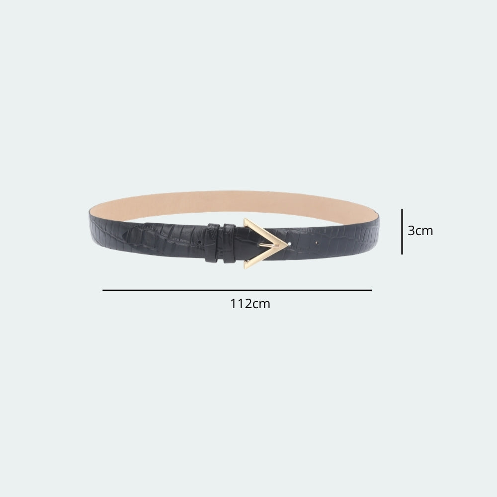 Cinto em Couro Croco com Fivela Triangular Metalizada Preto