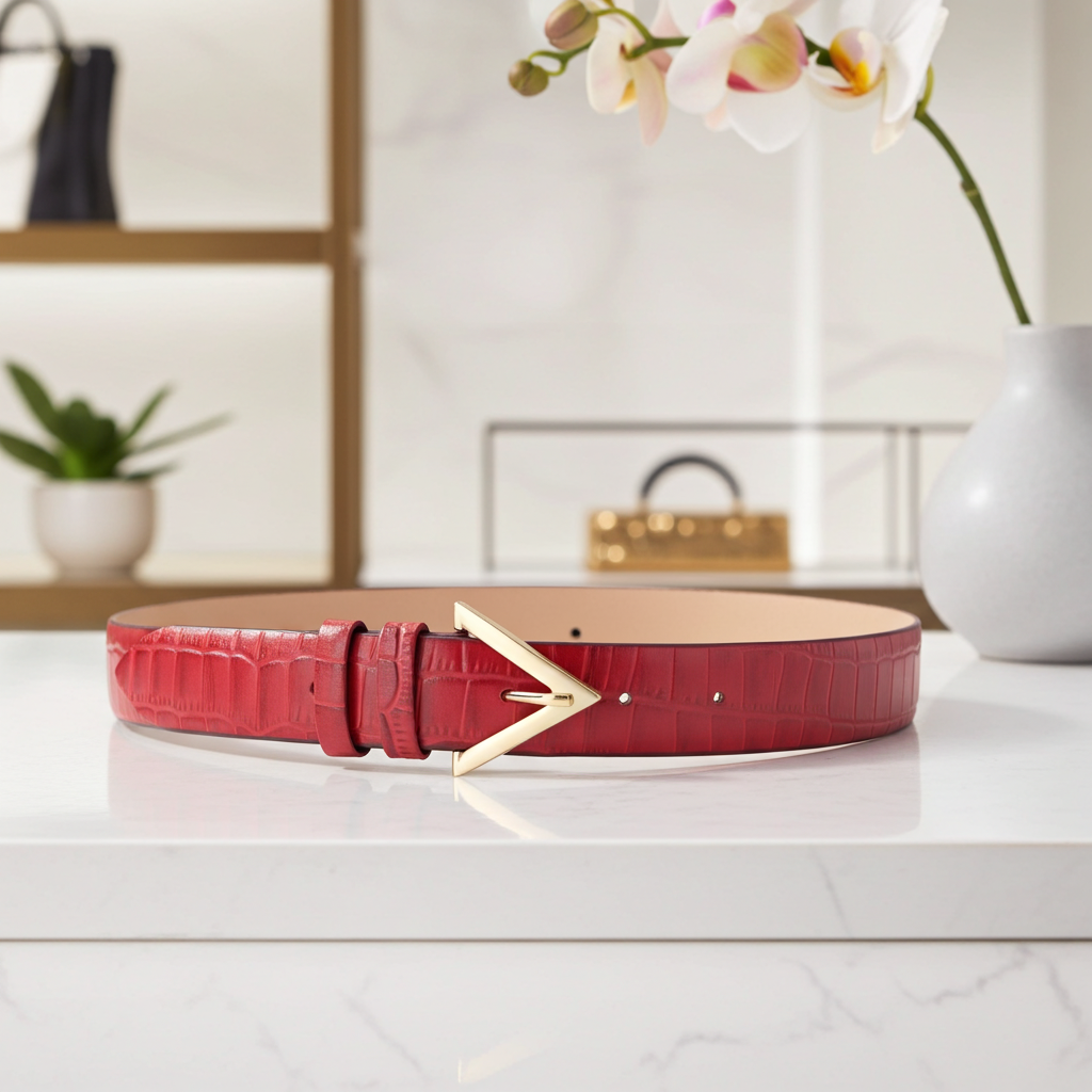 Cinto em Couro Croco com Fivela Triangular Metalizada Vermelho