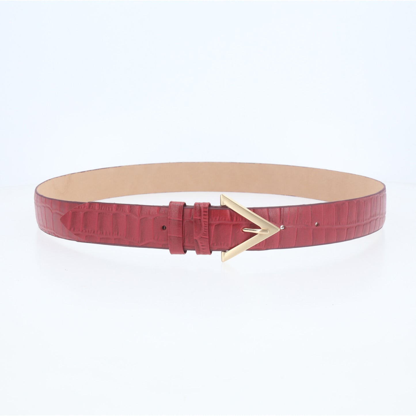 Cinto em Couro Croco com Fivela Triangular Metalizada Vermelho