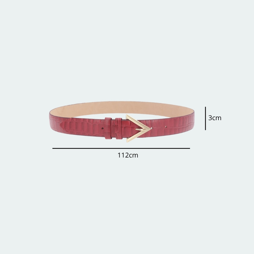 Cinto em Couro Croco com Fivela Triangular Metalizada Vermelho