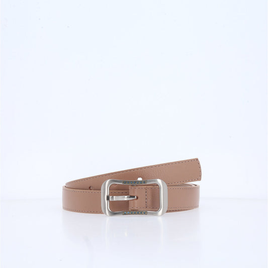 Cinto Feminino em Couro com fivela Prateada Bege