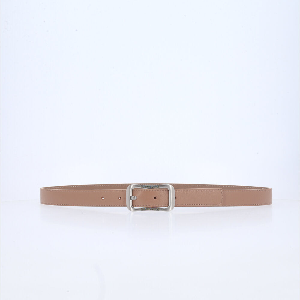Cinto Feminino em Couro com fivela Prateada Bege