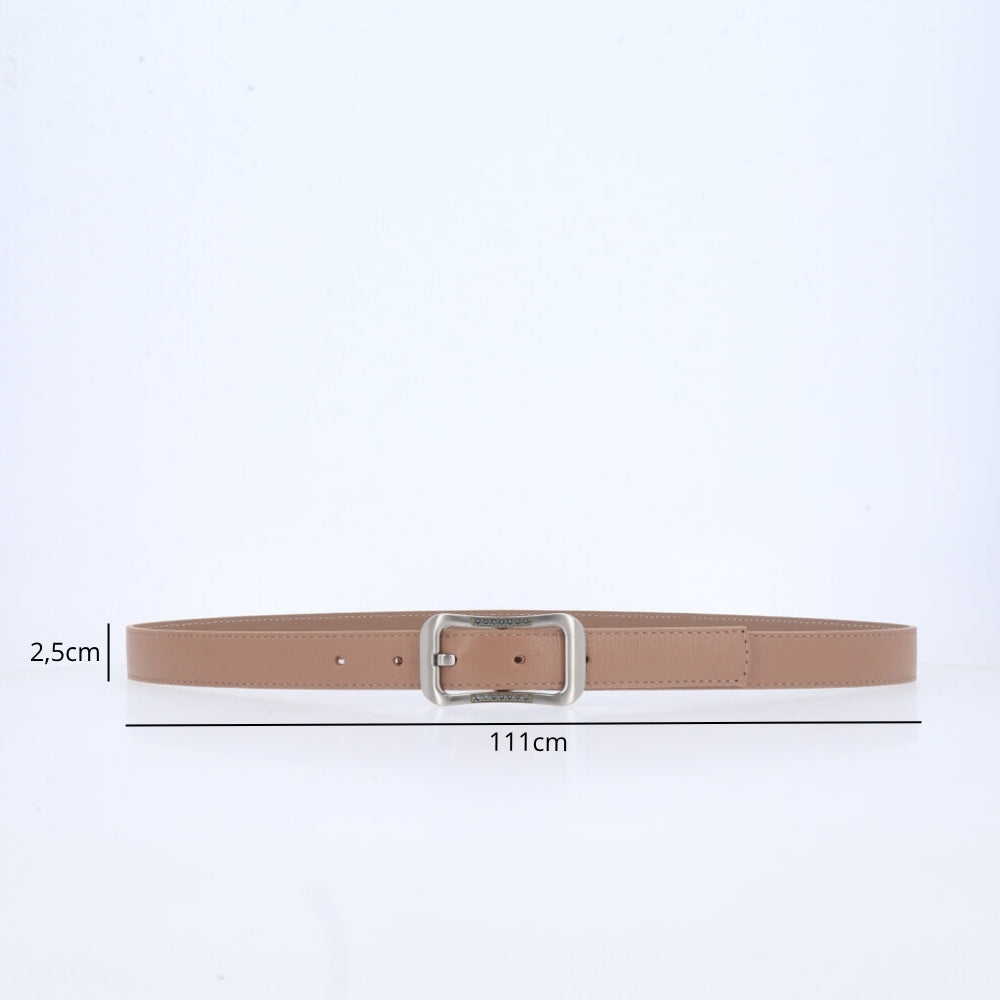 Cinto Feminino em Couro com fivela Prateada Bege