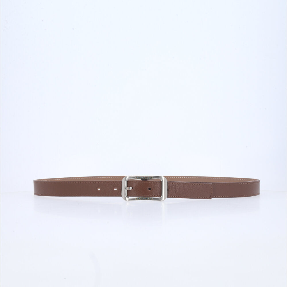 Cinto Feminino em Couro com fivela Prateada Marrom