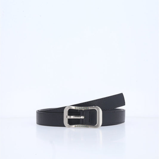 Cinto Feminino em Couro com fivela Prateada Preto