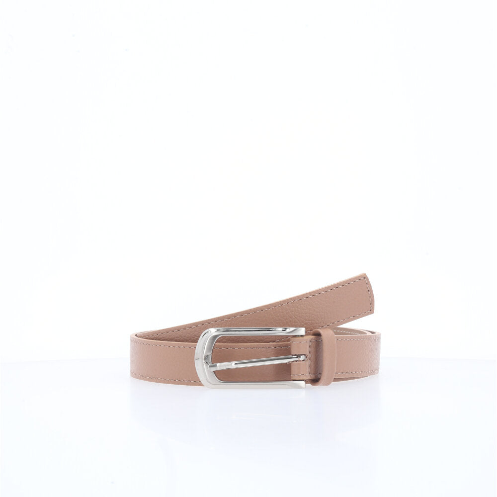 Cinto Feminino em Couro com Fivela Prateada Bege