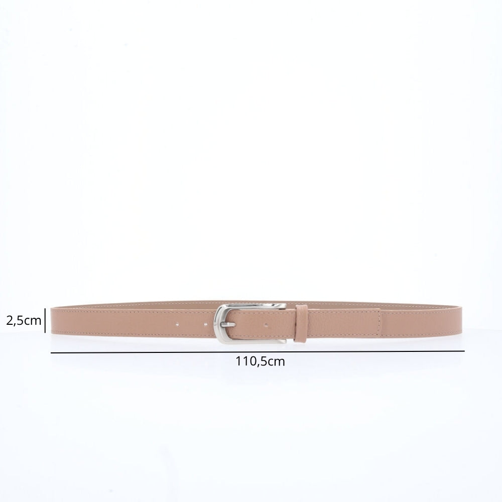 Cinto Feminino em Couro com Fivela Prateada Bege