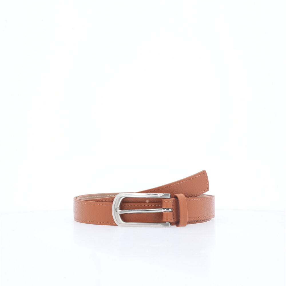 Cinto Feminino em Couro com Fivela Prateada Caramelo