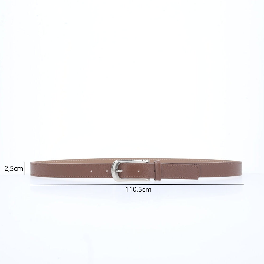 Cinto Feminino em Couro com Fivela Prateada Marrom