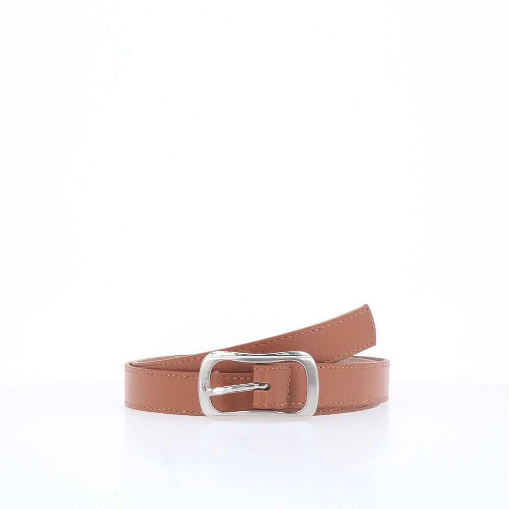Cinto Feminino em Couro com Fivela Prateada Caramelo