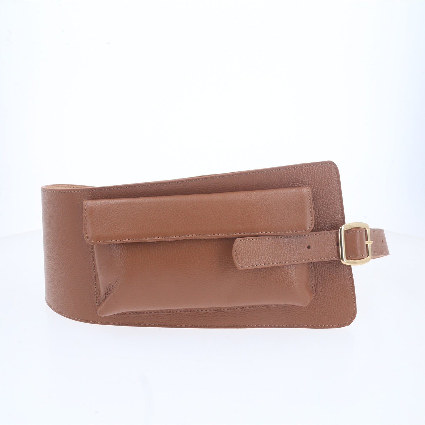 Cinto Feminino de Couro com Belt Bag - Pochete Integrada Caramelo