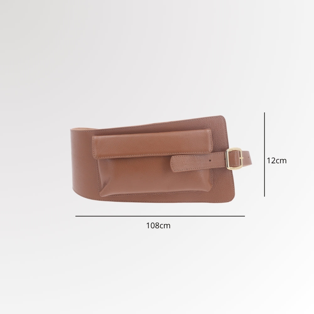 Cinto Feminino de Couro com Belt Bag - Pochete Integrada Caramelo