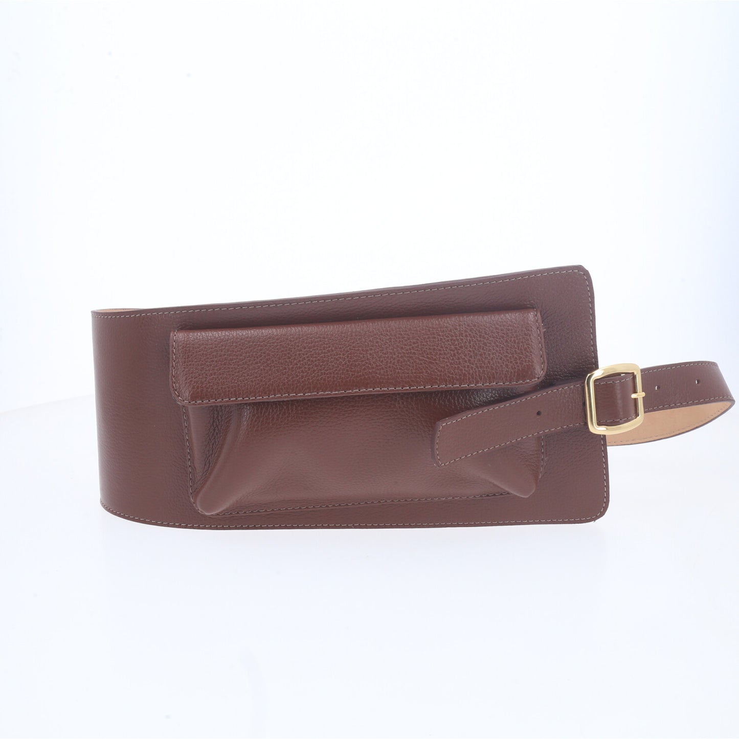 Cinto Feminino de Couro com Belt Bag - Pochete Integrada Marrom