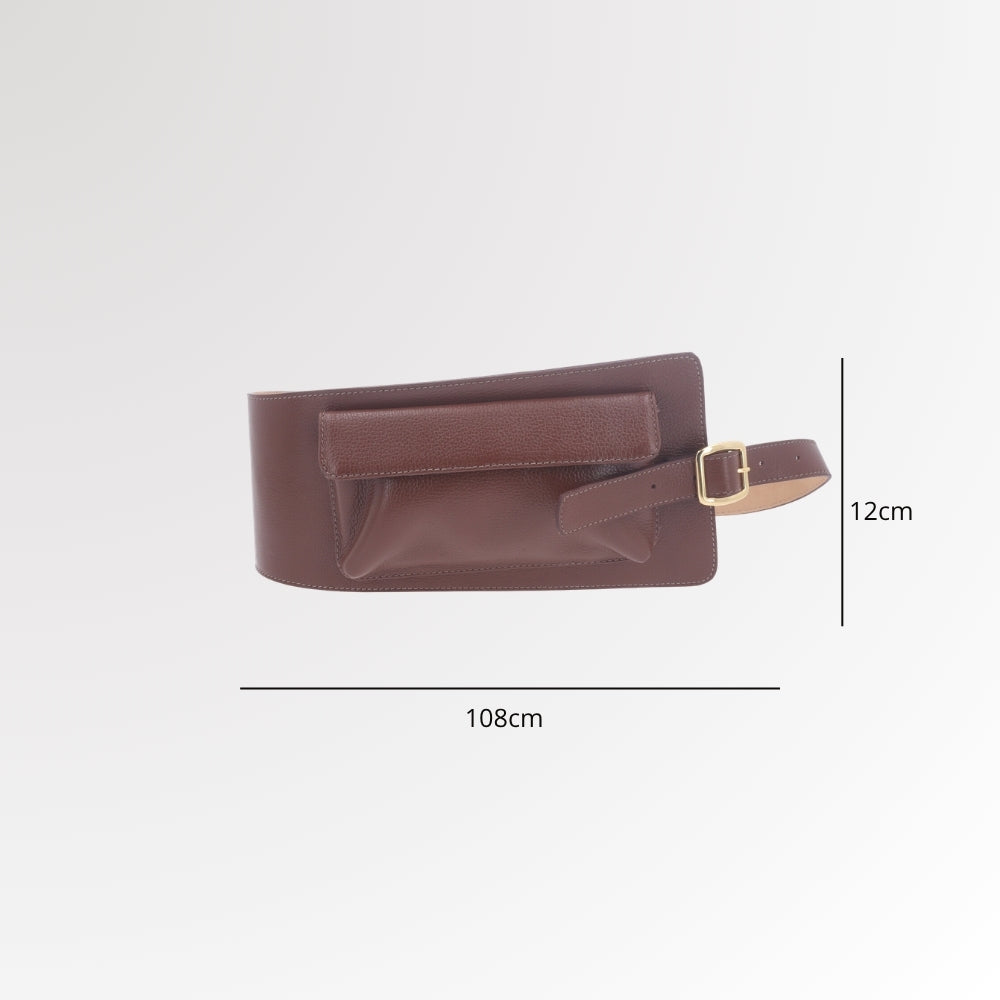 Cinto Feminino de Couro com Belt Bag - Pochete Integrada Marrom