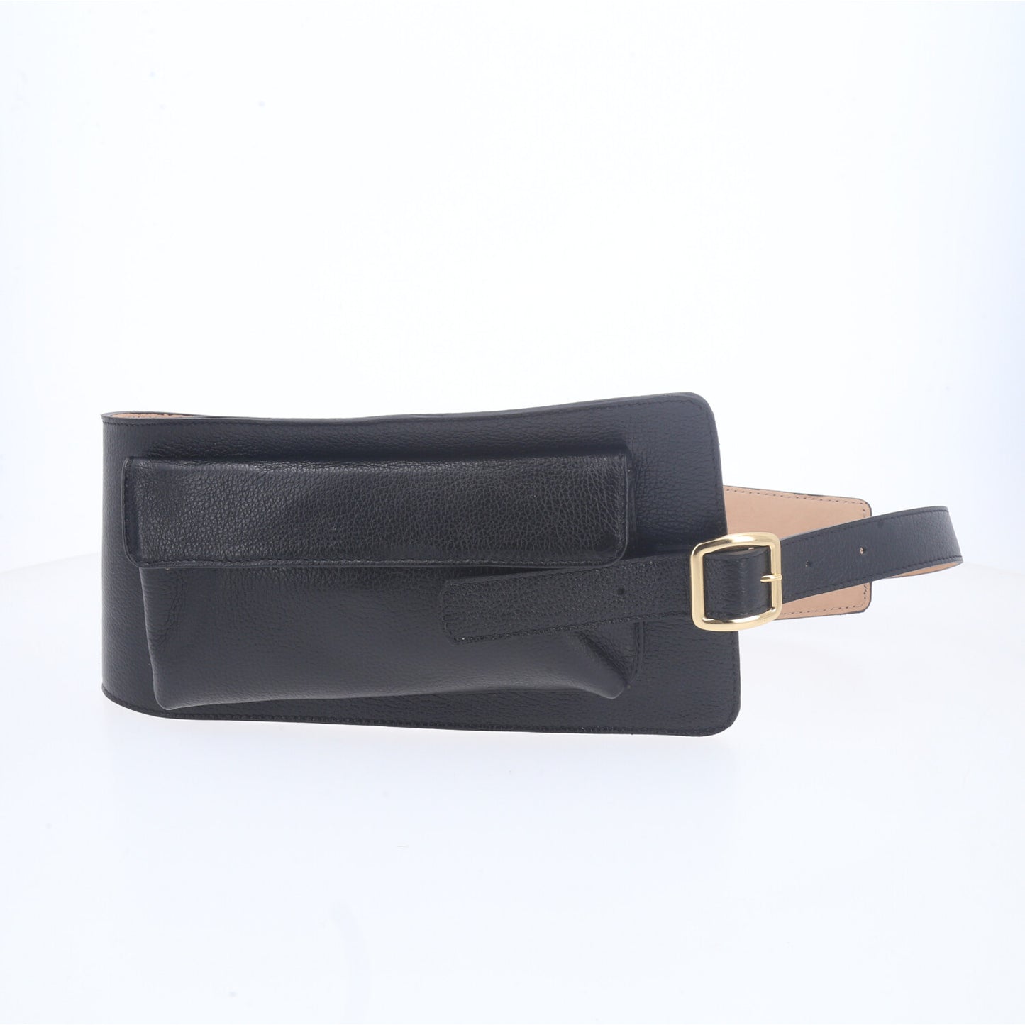 Cinto Feminino de Couro com Belt Bag - Pochete Integrada Preto