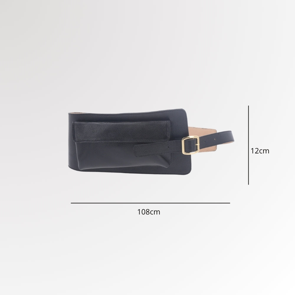 Cinto Feminino de Couro com Belt Bag - Pochete Integrada Preto