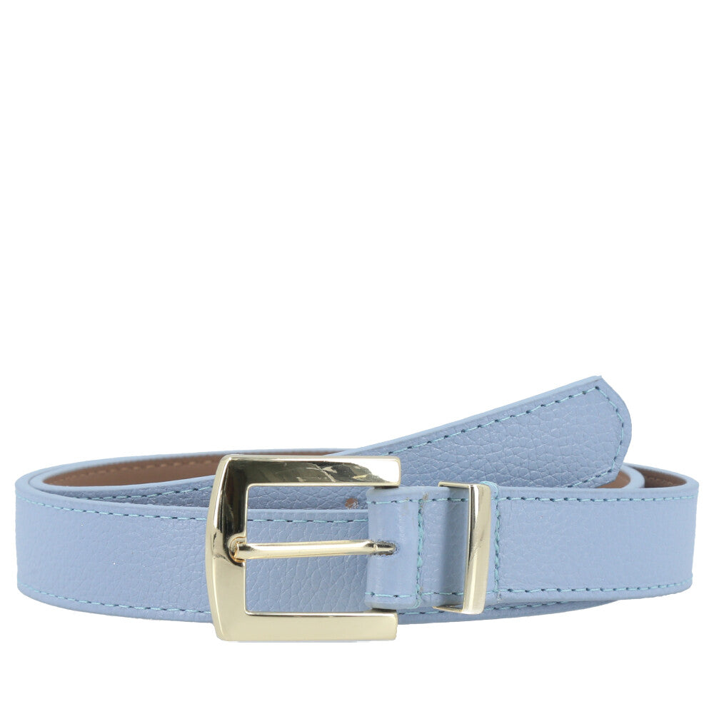 Cinto Feminino de Couro Fivela Metalizada Dourada Azul claro