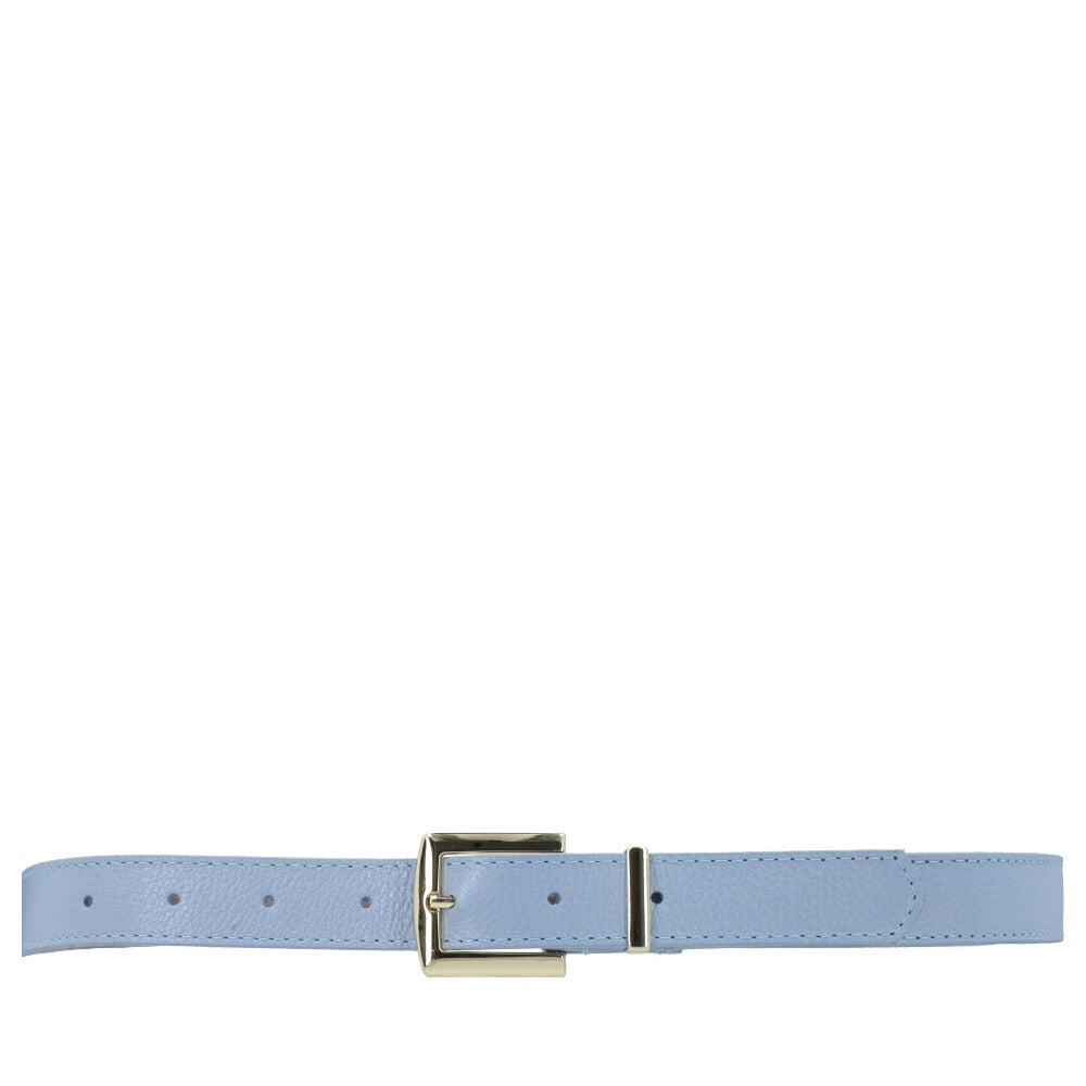 Cinto Feminino de Couro Fivela Metalizada Dourada Azul claro