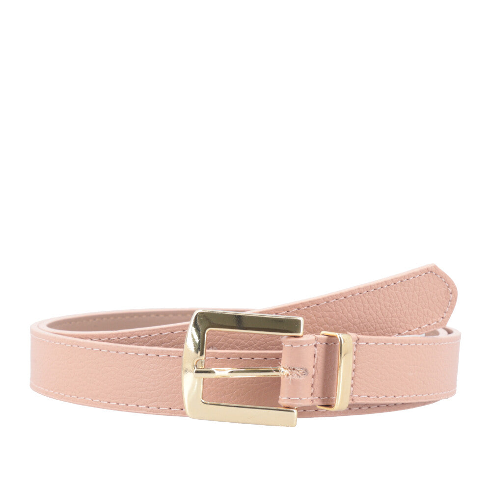 Cinto Feminino de Couro Fivela Metalizada Dourada Bege