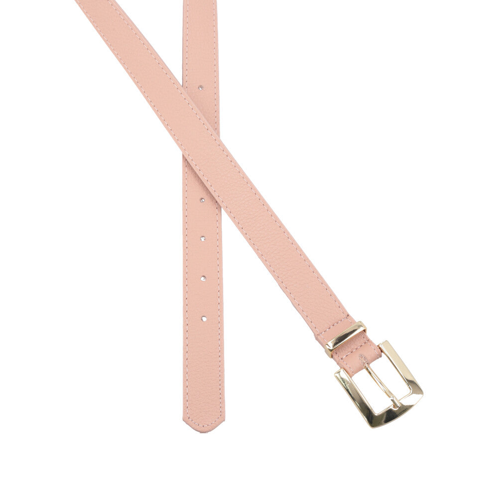 Cinto Feminino de Couro Fivela Metalizada Dourada Bege