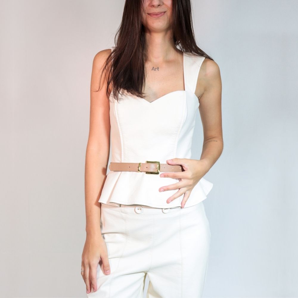 Cinto Feminino de Couro Fivela Metalizada Dourada Bege escuro