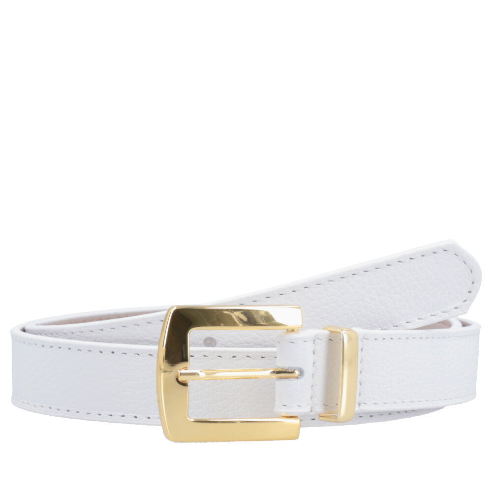 Cinto Feminino de Couro Fivela Metalizada Dourada Branco