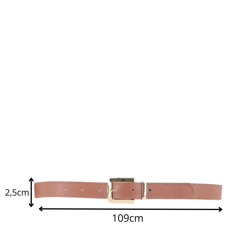 Cinto Feminino de Couro Fivela Metalizada Dourada Caramelo