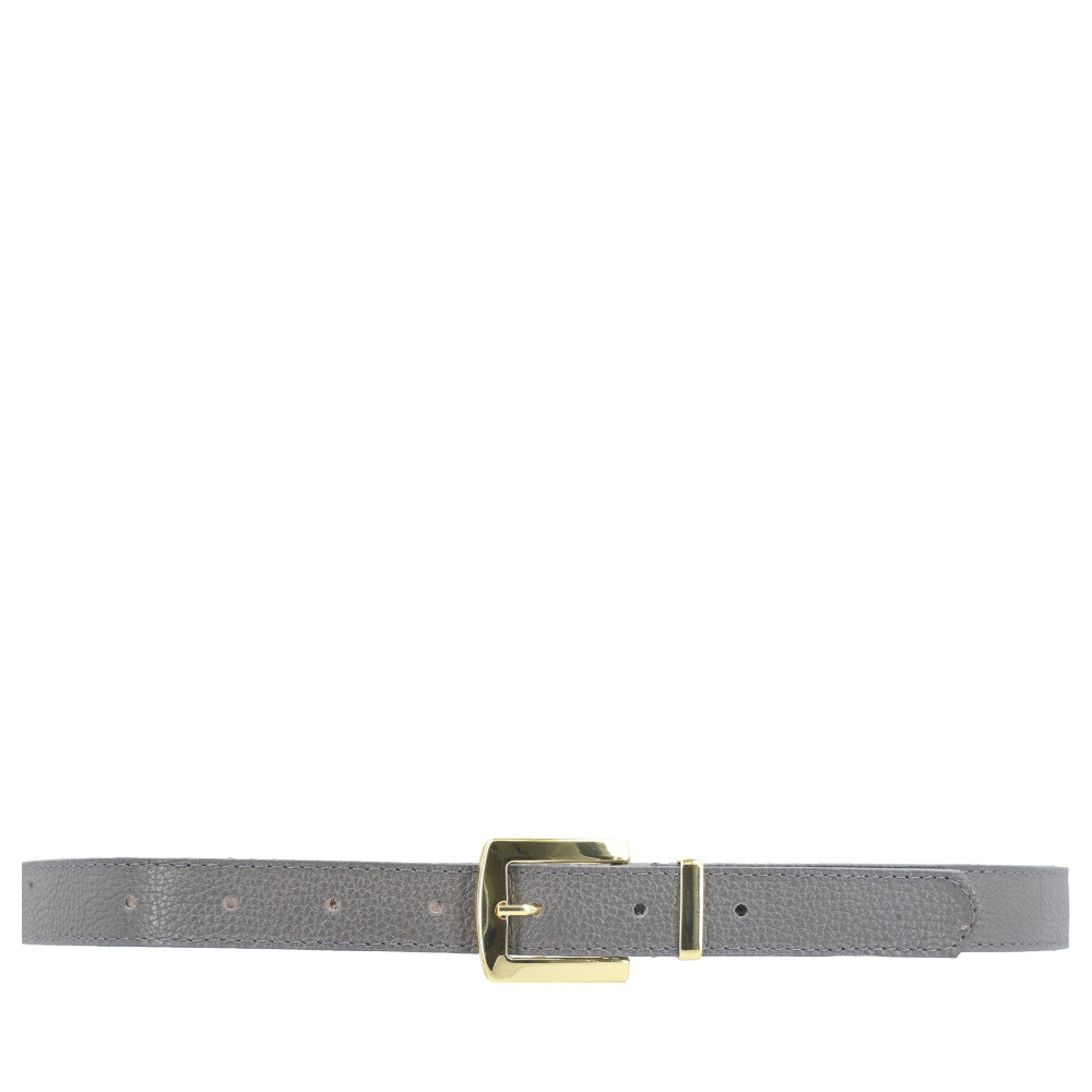 Cinto Feminino de Couro Fivela Metalizada Dourada Cinza