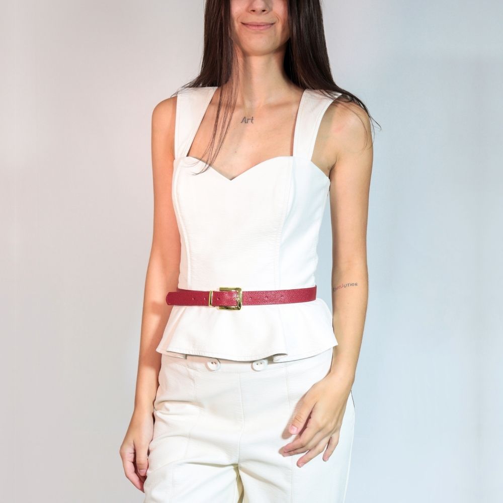 Cinto Feminino de Couro Fivela Metalizada Dourada Vermelho