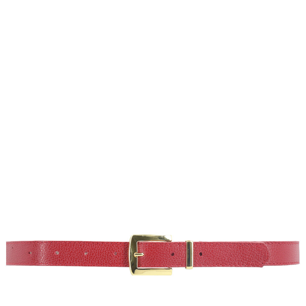Cinto Feminino de Couro Fivela Metalizada Dourada Vermelho