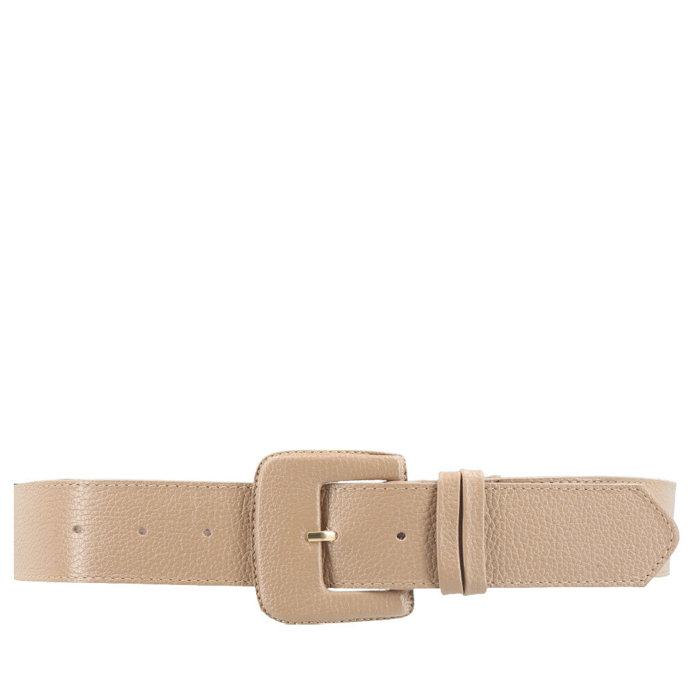 Cinto Maxi Feminino de Couro com Fivela Encapada Retangular Bege escuro