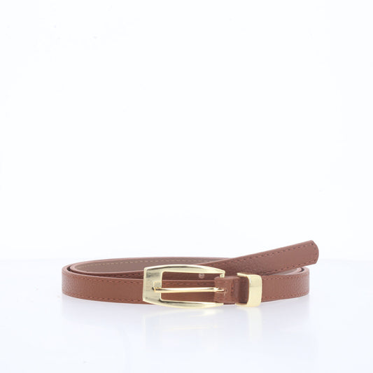 Cinto de Couro com Fivela de Metal Dourada Caramelo