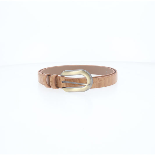 Cinto de Couro Croco com Fivela de Metal Escovado Caramelo