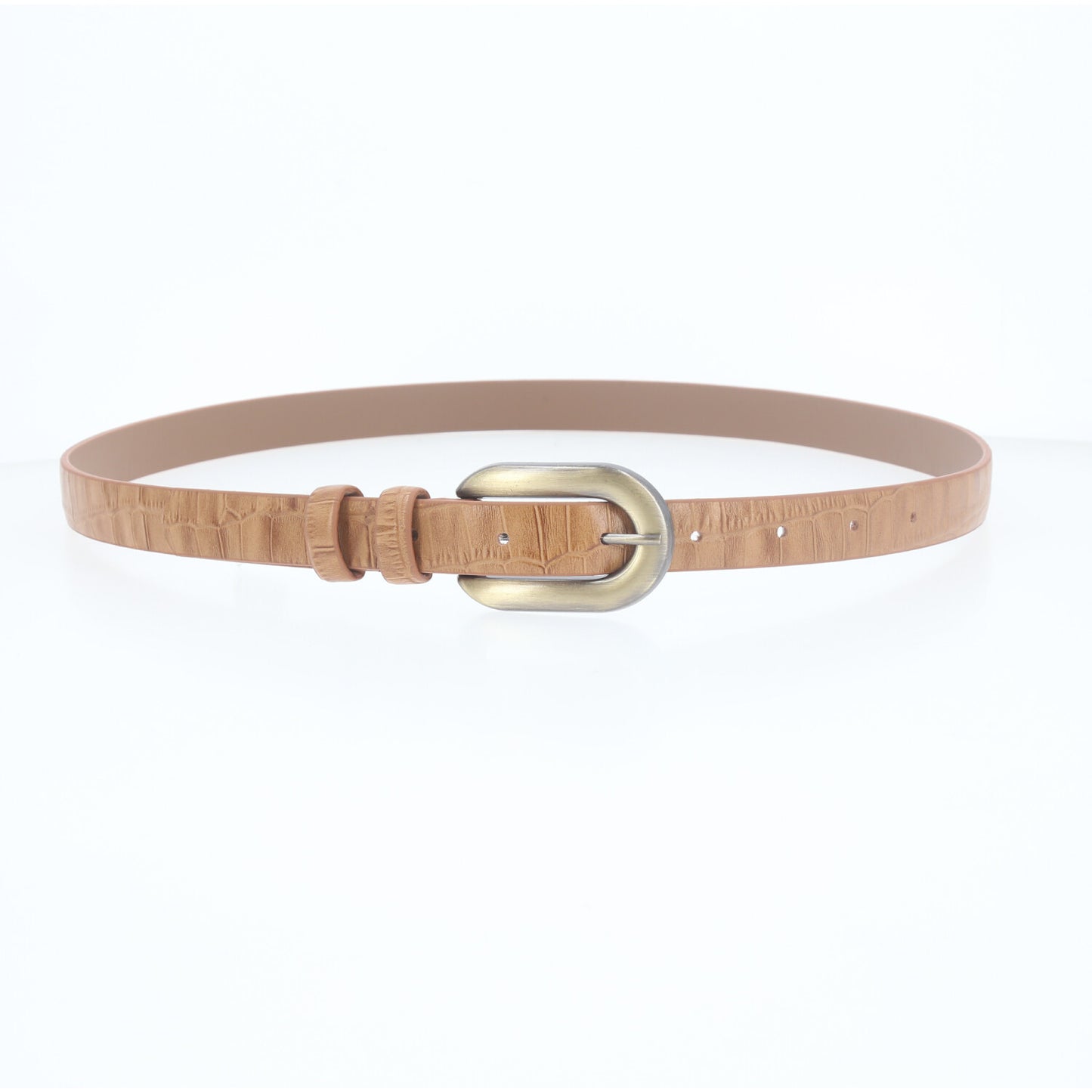 Cinto de Couro Croco com Fivela de Metal Escovado Caramelo