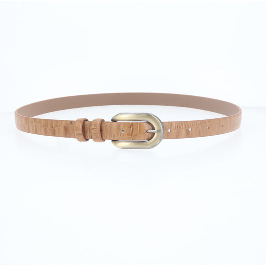 Cinto de Couro Croco com Fivela de Metal Escovado Caramelo