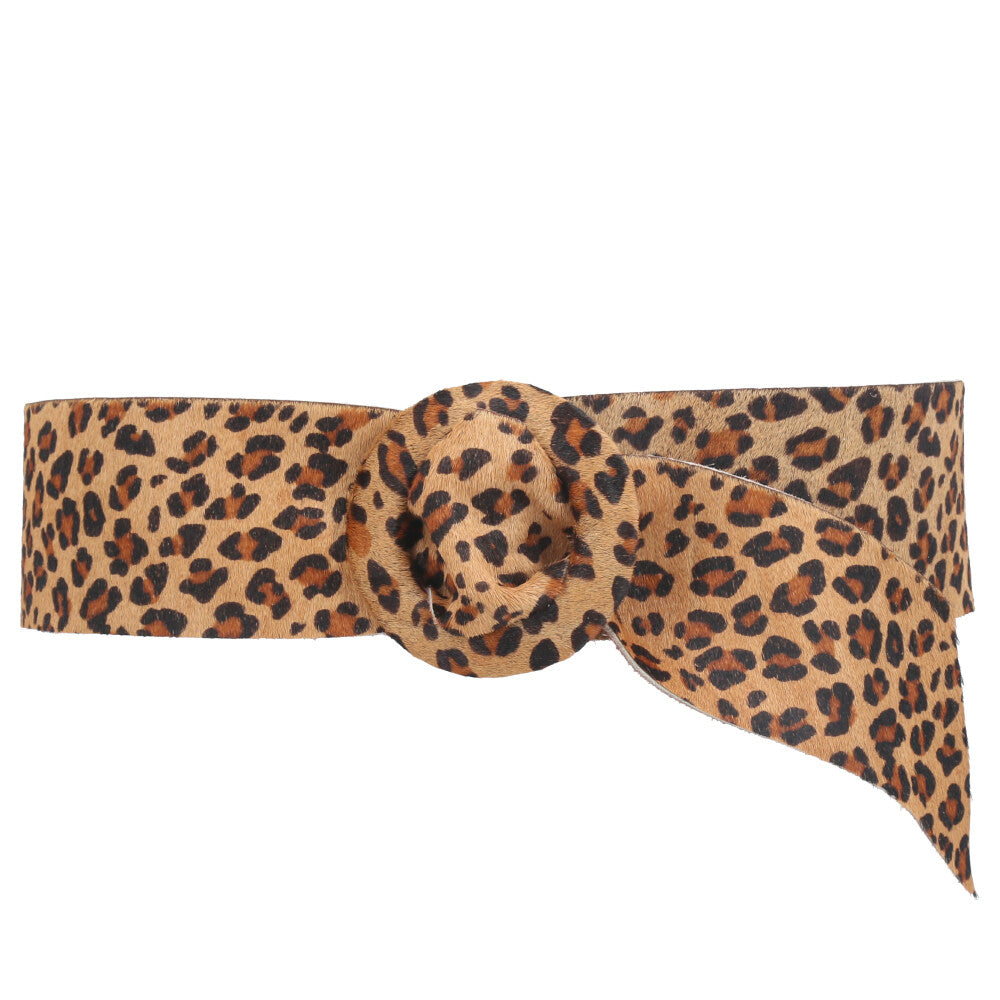 Cinto Faixa de Couro Estilo Animal Print com Fivela Encapada Caramelo