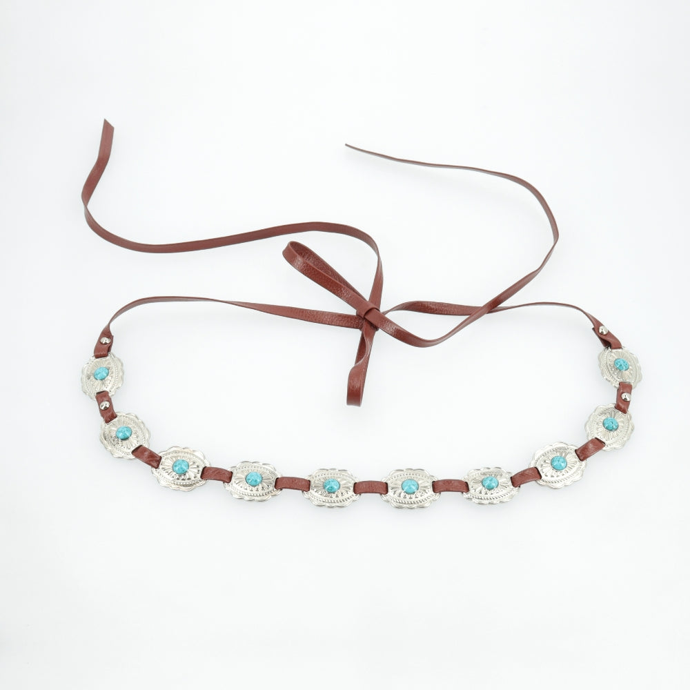 Cinto Feminino de Couro com Apliques Metálicos Caramelo